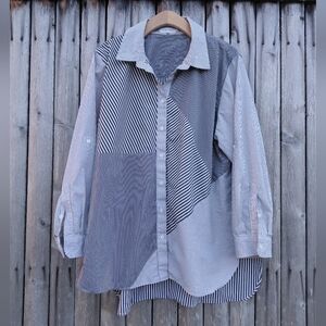 Calvin Klein CK black white striped patchwork print button down shirt Womens XL